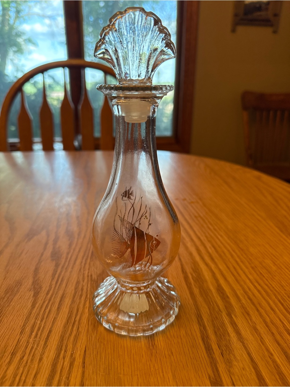 Vintage Clear Glass Avon Bottle/Bud Vase with Etched Fish Motif